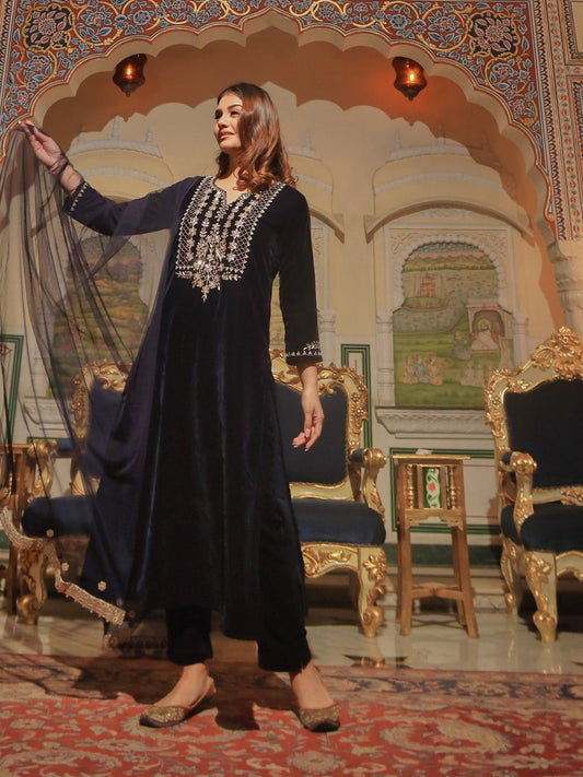 Women Royal Blue Velvet Hand Work Kurta Pant With Net Dupatta Set | LASVINI - Redefining Indian Fashion with Elegance