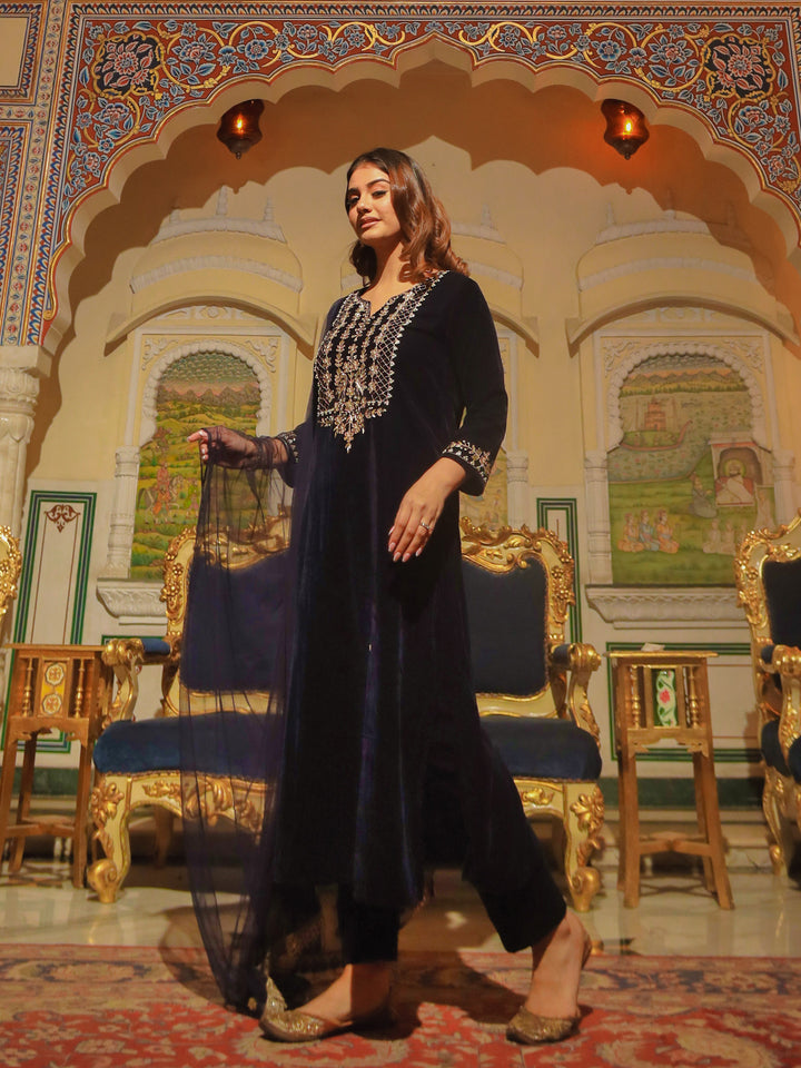 Women Royal Blue Velvet Hand Work Kurta Pant With Net Dupatta Set | LASVINI - Redefining Indian Fashion with Elegance