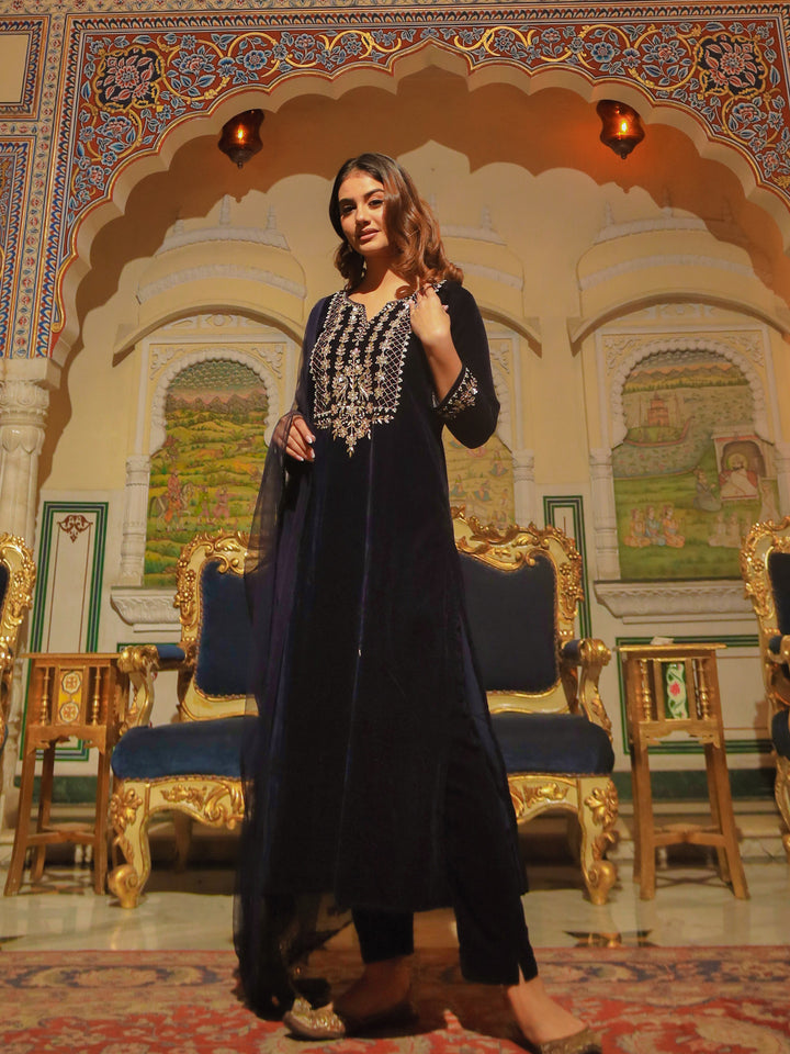 Women Royal Blue Velvet Hand Work Kurta Pant With Net Dupatta Set | LASVINI - Redefining Indian Fashion with Elegance