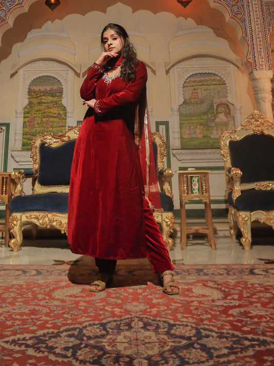 Women Maroon Velvet Hand Work Kurta Pant With Net Dupatta Set | LASVINI - Redefining Indian Fashion with Elegance