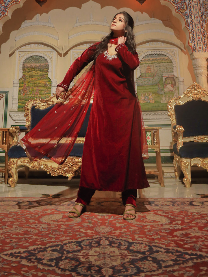 Women Maroon Velvet Hand Work Kurta Pant With Net Dupatta Set | LASVINI - Redefining Indian Fashion with Elegance
