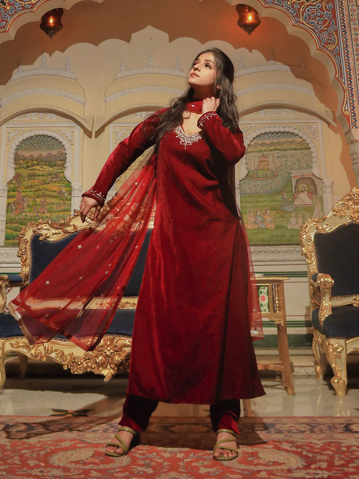 Women Maroon Velvet Hand Work Kurta Pant With Net Dupatta Set | LASVINI - Redefining Indian Fashion with Elegance