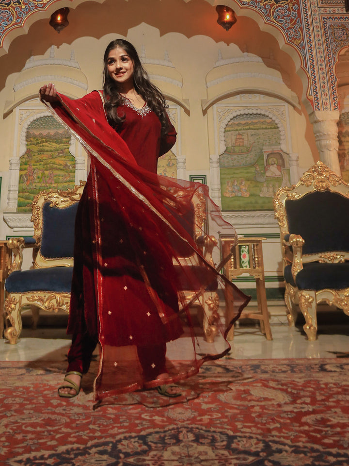 Women Maroon Velvet Hand Work Kurta Pant With Net Dupatta Set | LASVINI - Redefining Indian Fashion with Elegance
