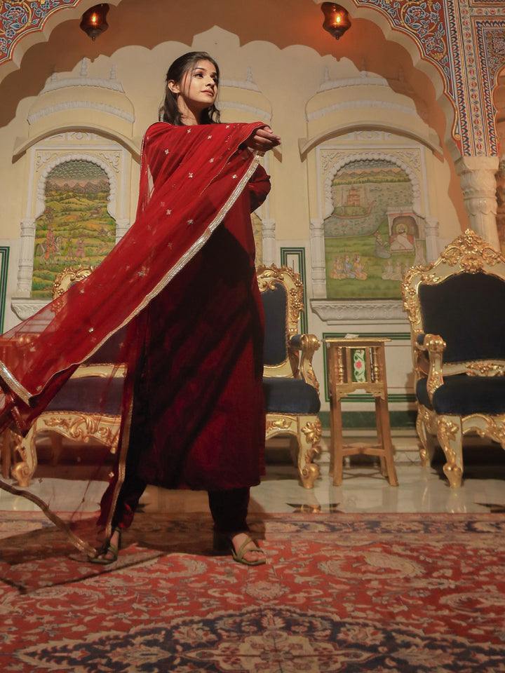 Women Maroon Velvet Hand Work Kurta Pant With Net Dupatta Set | LASVINI - Redefining Indian Fashion with Elegance