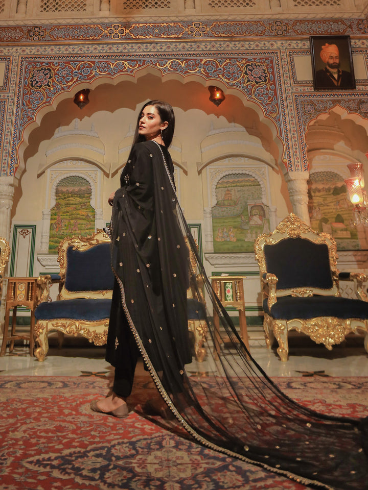 Women Black Velvet Hand Work Kurta Pant With Net Dupatta Set | LASVINI - Redefining Indian Fashion with Elegance