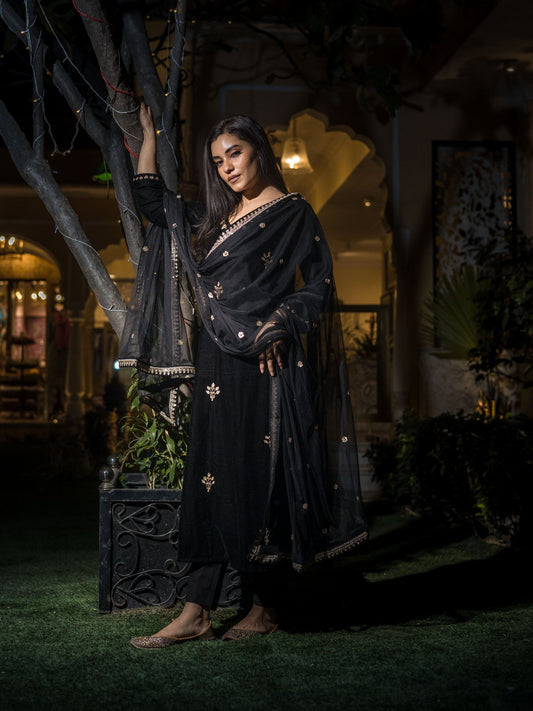 Women Black Velvet Hand Work Kurta Pant With Net Dupatta Set | LASVINI - Redefining Indian Fashion with Elegance