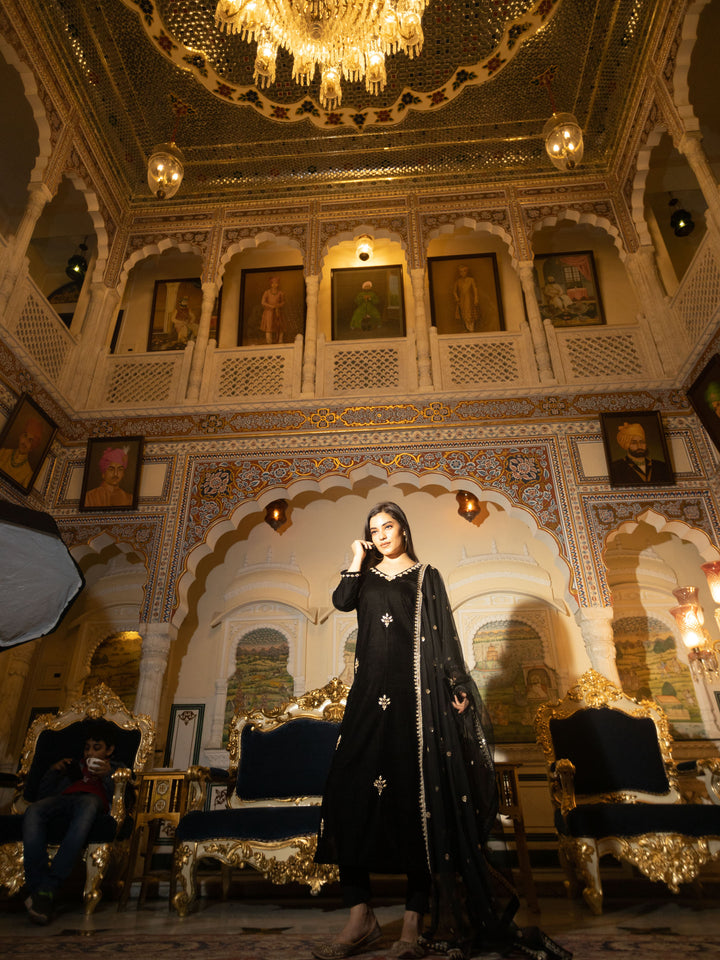 Women Black Velvet Hand Work Kurta Pant With Net Dupatta Set | LASVINI - Redefining Indian Fashion with Elegance