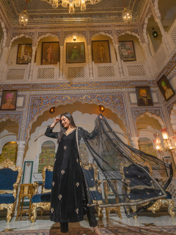 Women Black Velvet Hand Work Kurta Pant With Net Dupatta Set | LASVINI - Redefining Indian Fashion with Elegance