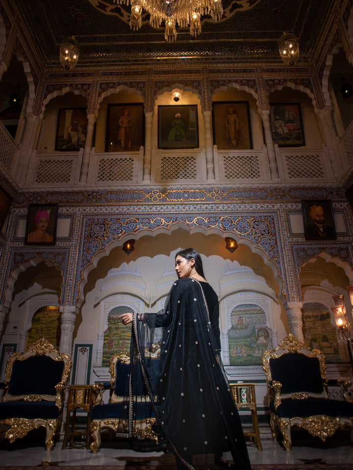 Women Black Velvet Hand Work Kurta Pant With Net Dupatta Set | LASVINI - Redefining Indian Fashion with Elegance