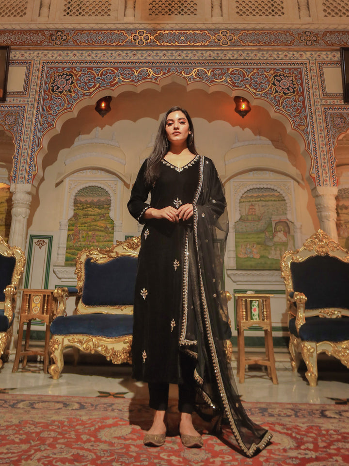 Women Black Velvet Hand Work Kurta Pant With Net Dupatta Set | LASVINI - Redefining Indian Fashion with Elegance
