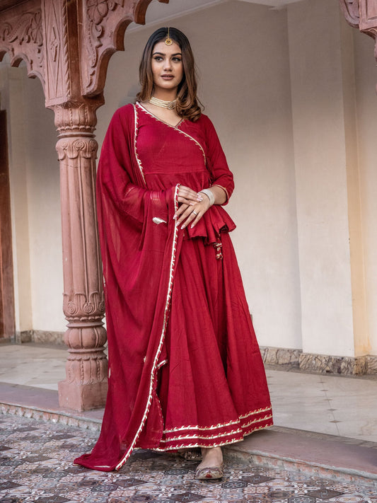 Women Maroon Gota Hand Work Lehenga Dupatta Set | LASVINI - Redefining Indian Fashion with Elegance