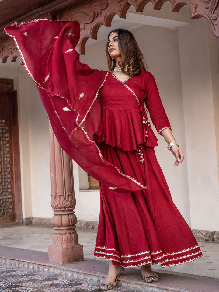 Women Maroon Gota Hand Work Lehenga Dupatta Set | LASVINI - Redefining Indian Fashion with Elegance