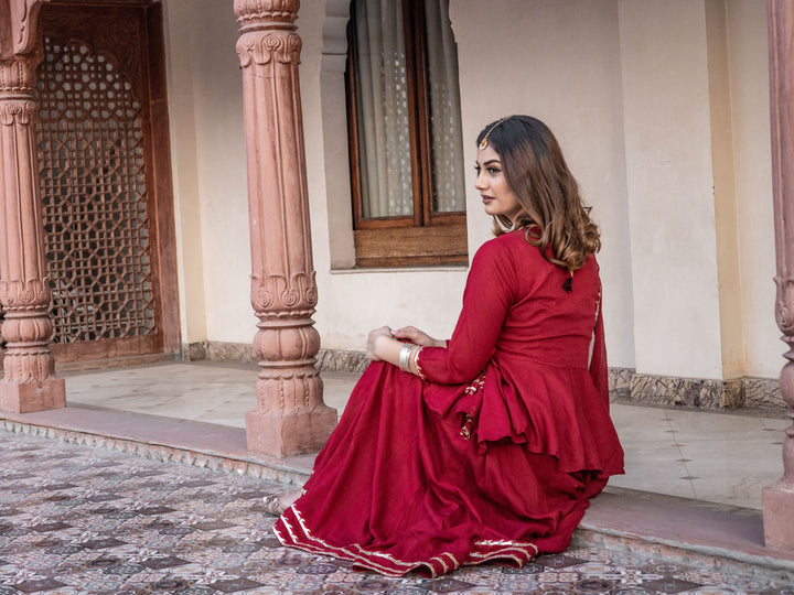 Women'S Maroon Gota Hand Work Lehenga Dupatta Set | LASVINI - Redefining Indian Fashion with Elegance