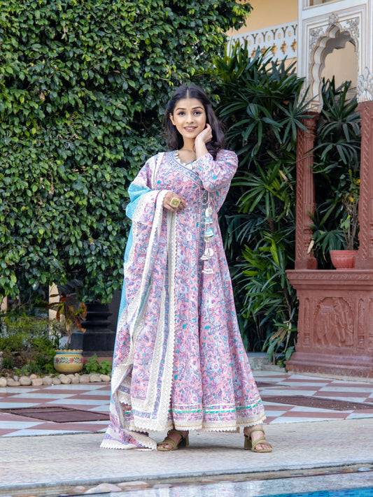 Pink Cotton Floral Printed Anarkali Kurta Pant Set With Dupatta | LASVINI - Redefining Indian Fashion with Elegance