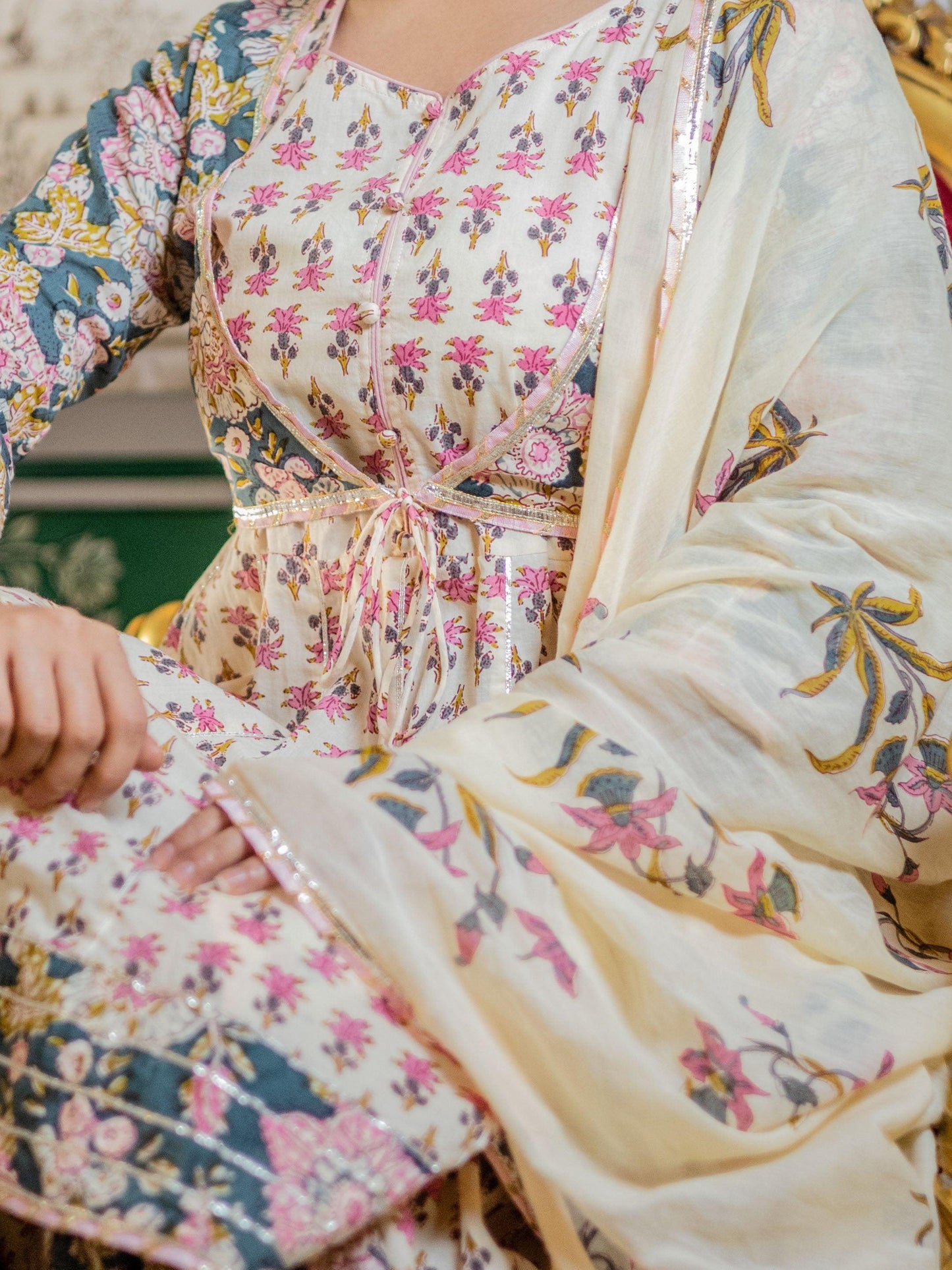 Cream Floral Printed Kurta Sharara With Dupatta Set | LASVINI - Redefining Indian Fashion with Elegance