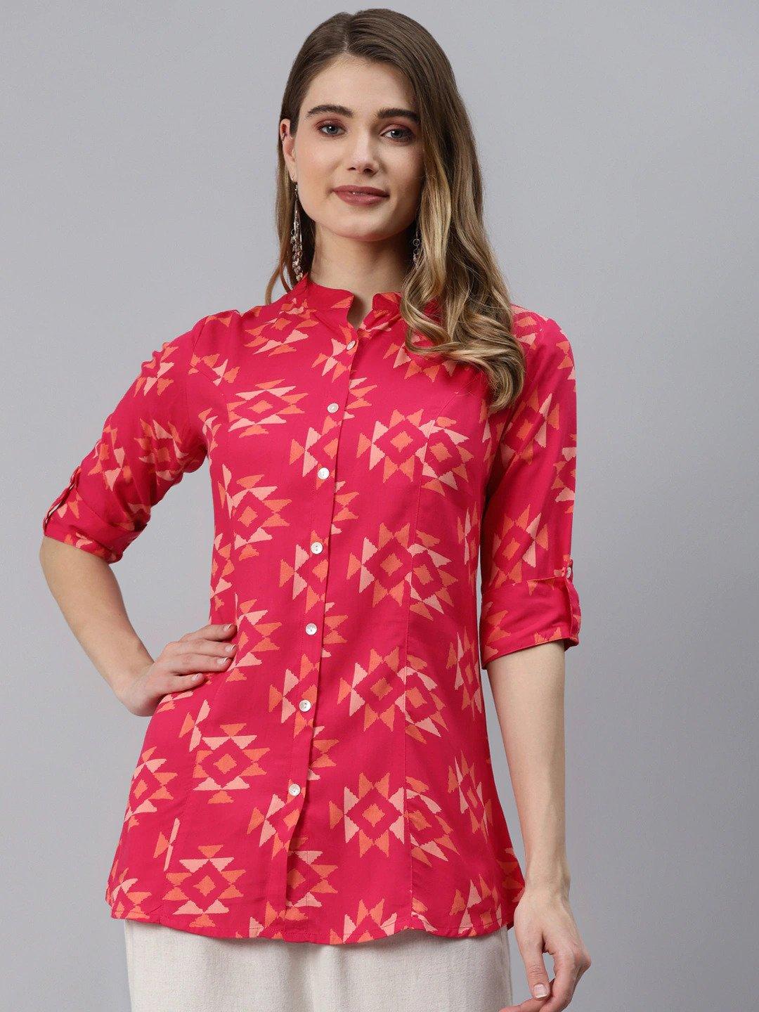 Pink Geometric Print Rayon Shirt Style Top | LASVINI - Redefining Indian Fashion with Elegance
