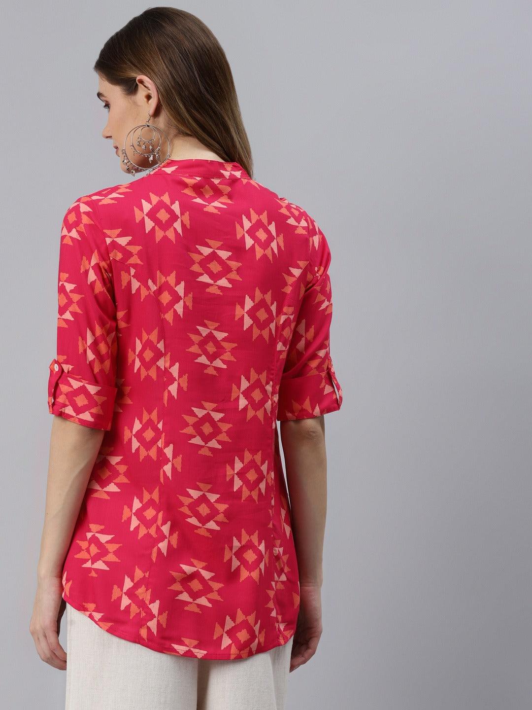 Pink Geometric Print Rayon Shirt Style Top | LASVINI - Redefining Indian Fashion with Elegance