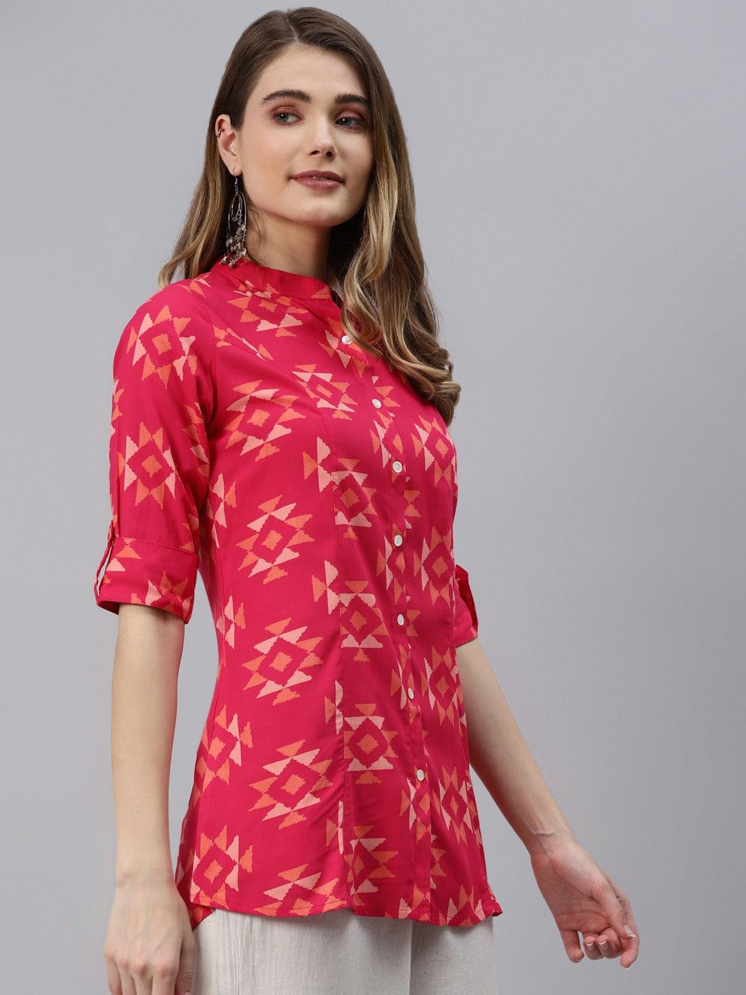 Pink Geometric Print Rayon Shirt Style Top | LASVINI - Redefining Indian Fashion with Elegance