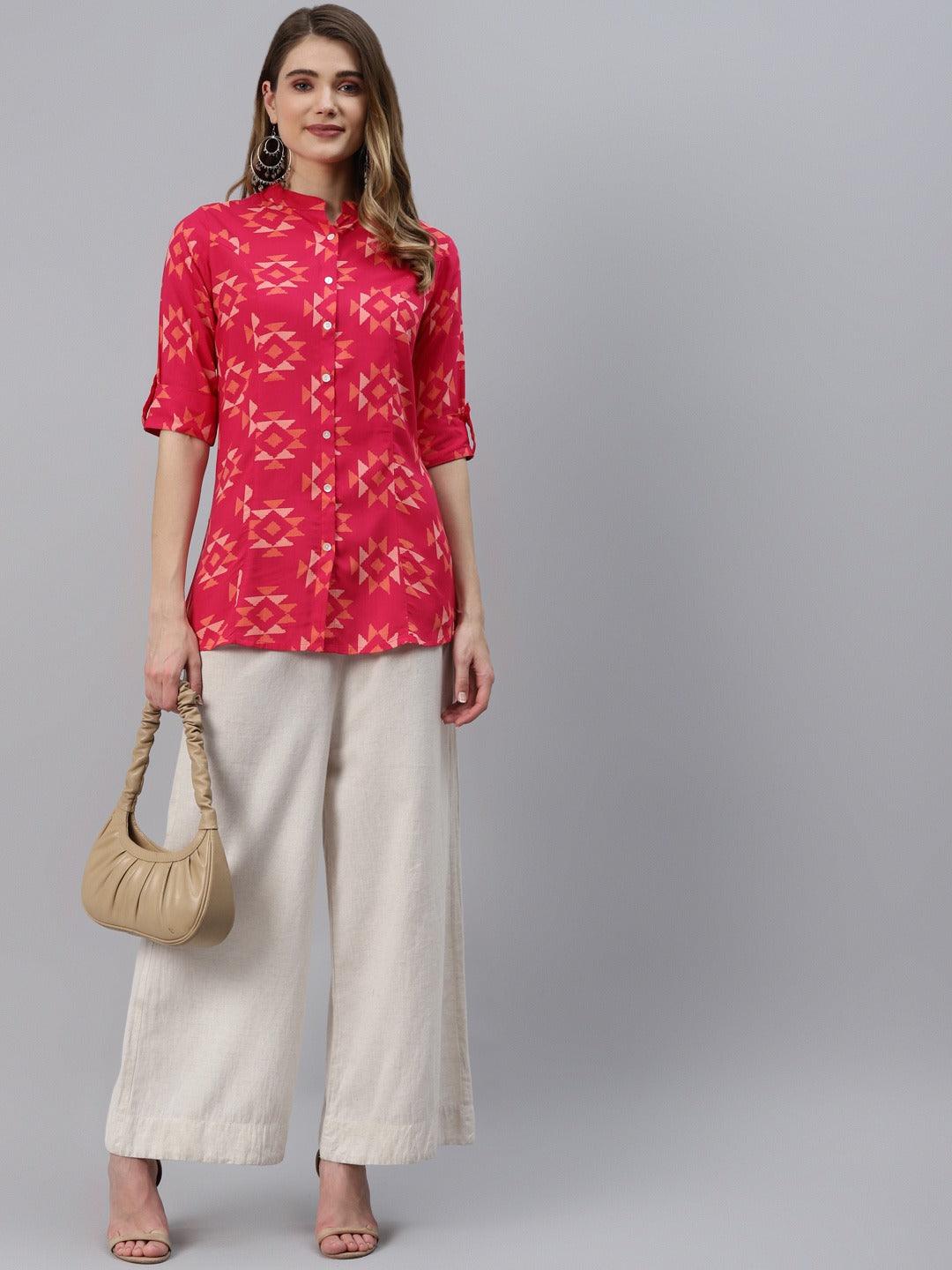 Pink Geometric Print Rayon Shirt Style Top | LASVINI - Redefining Indian Fashion with Elegance