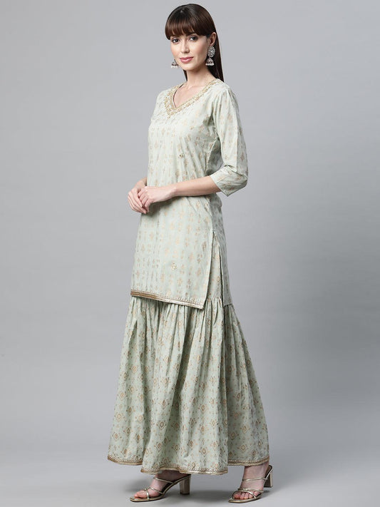 Sea Green Golden Printed Kurta Sharara Set With Dupatta | LASVINI - Redefining Indian Fashion with Elegance