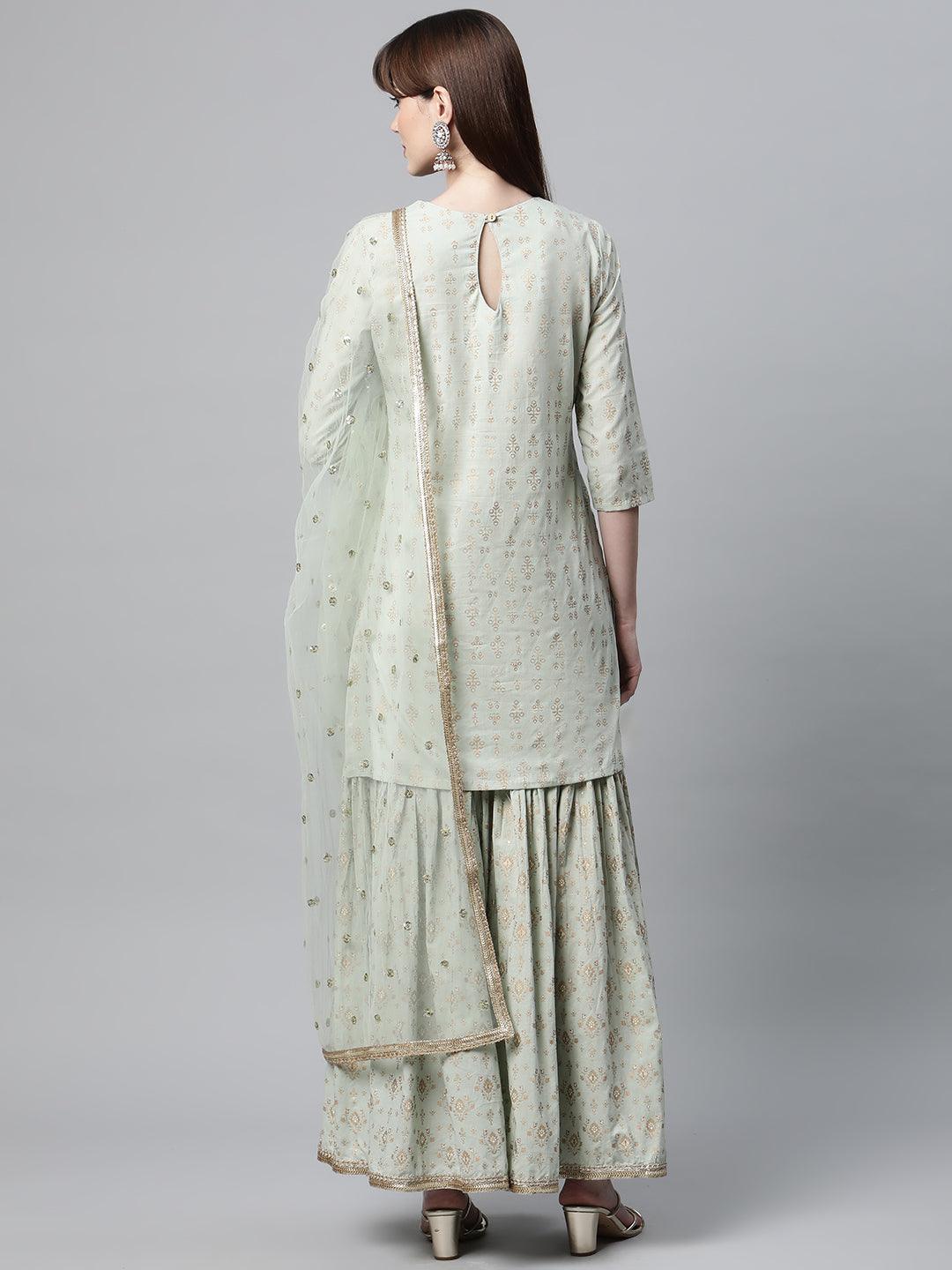 Sea Green Golden Printed Kurta Sharara Set With Dupatta | LASVINI - Redefining Indian Fashion with Elegance