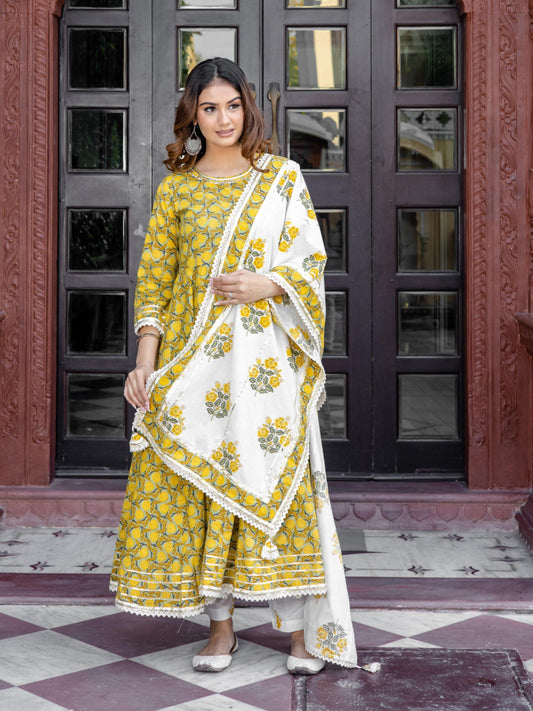 Mustard Cotton Anarkali Kurta Pant Set With Dupatta | LASVINI - Redefining Indian Fashion with Elegance