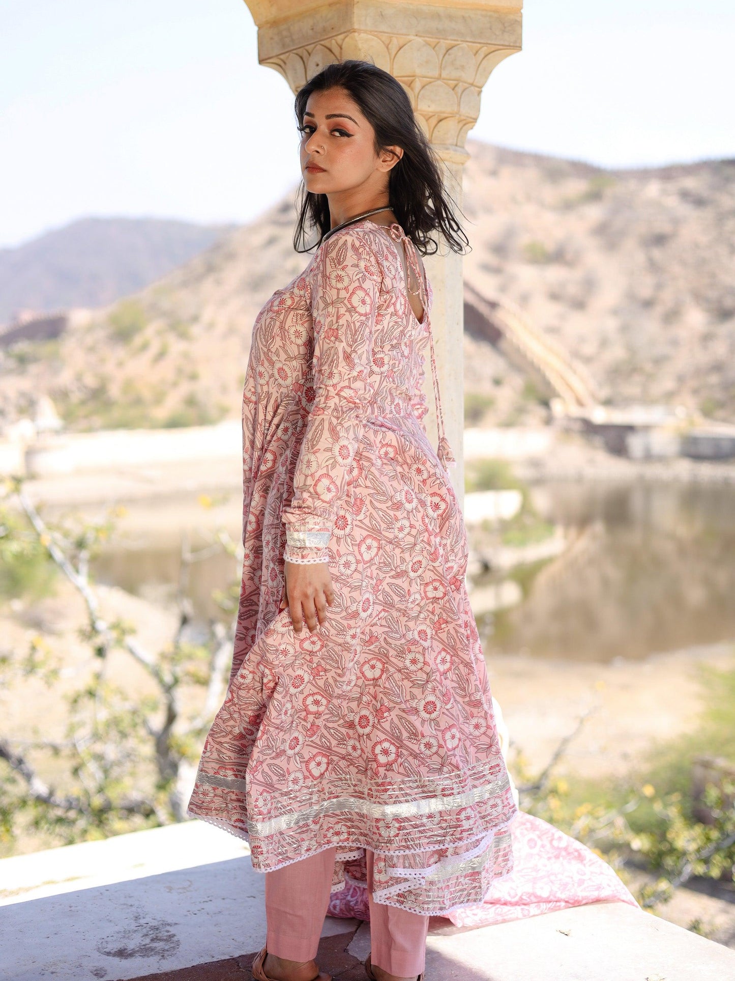 Baby Pink Cotton Anarkali Kurta Pant Set With Dupatta | LASVINI - Redefining Indian Fashion with Elegance