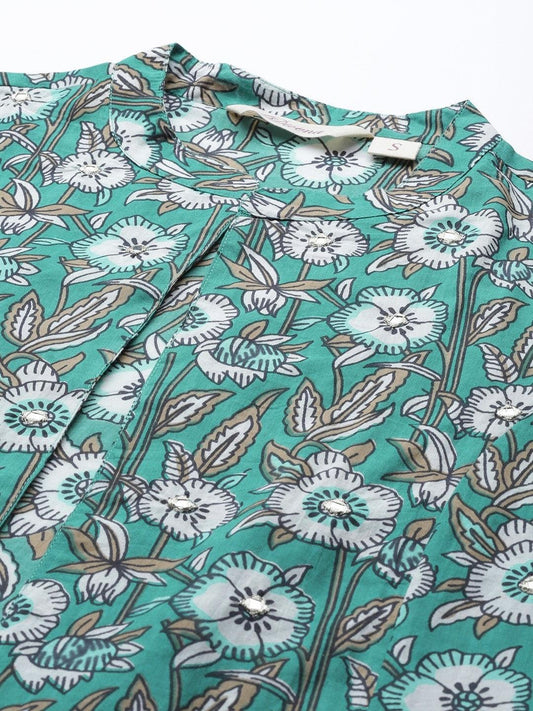 Green Cotton Floral Printed Three Piece Indowestern Kurta Pant Set With Jacket | LASVINI - Redefining Indian Fashion with Elegance