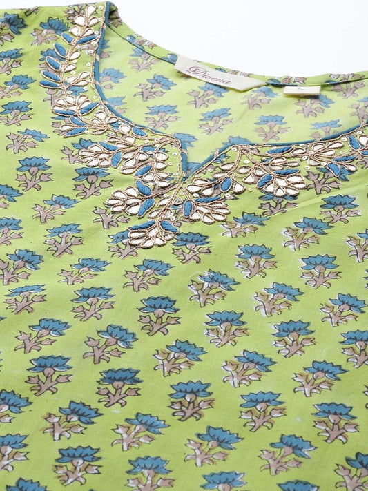 Green Cotton Hand Block Printed Kurta Pant Set With Dupatta | LASVINI - Redefining Indian Fashion with Elegance