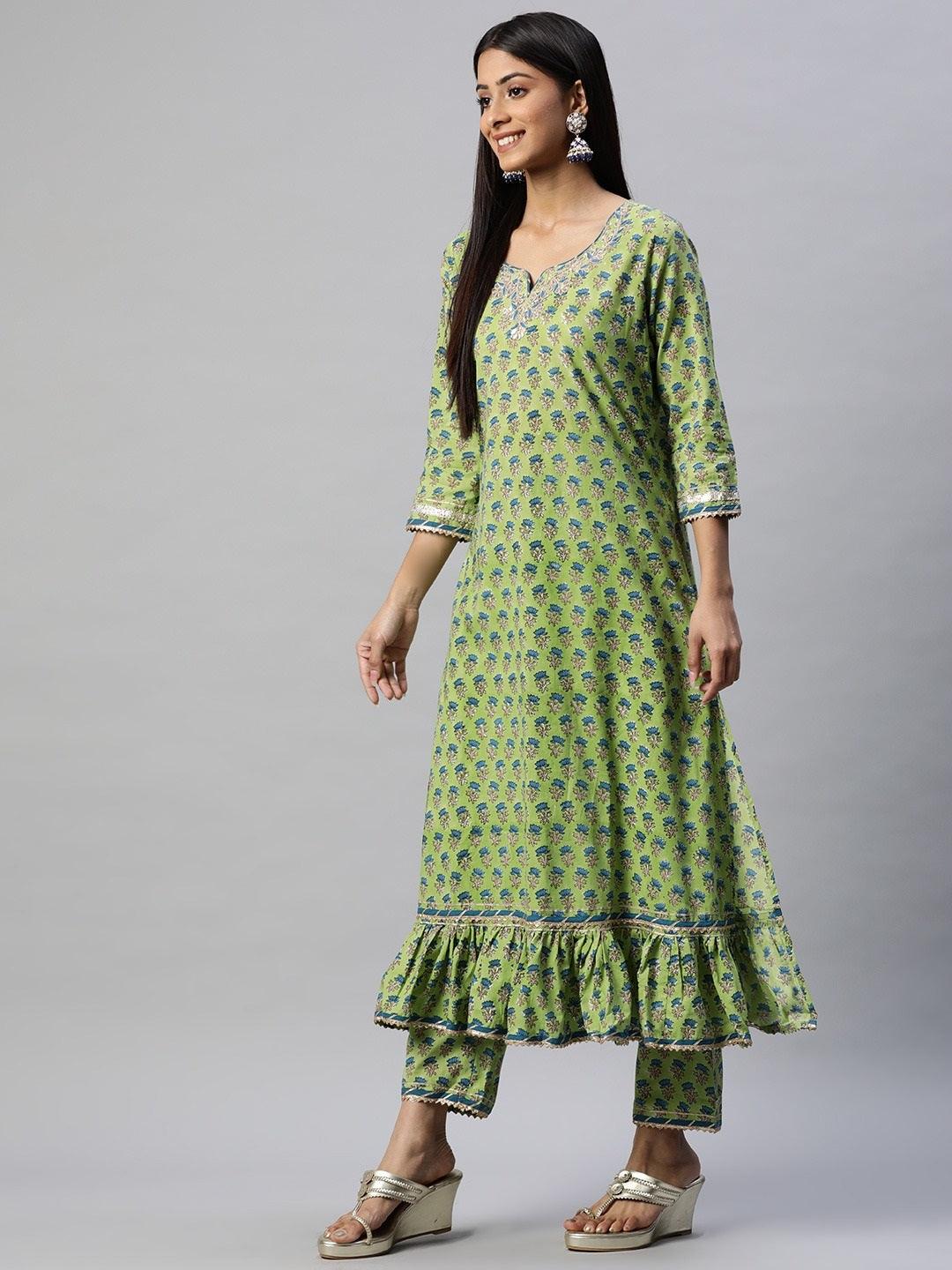 Green Cotton Hand Block Printed Kurta Pant Set With Dupatta | LASVINI - Redefining Indian Fashion with Elegance