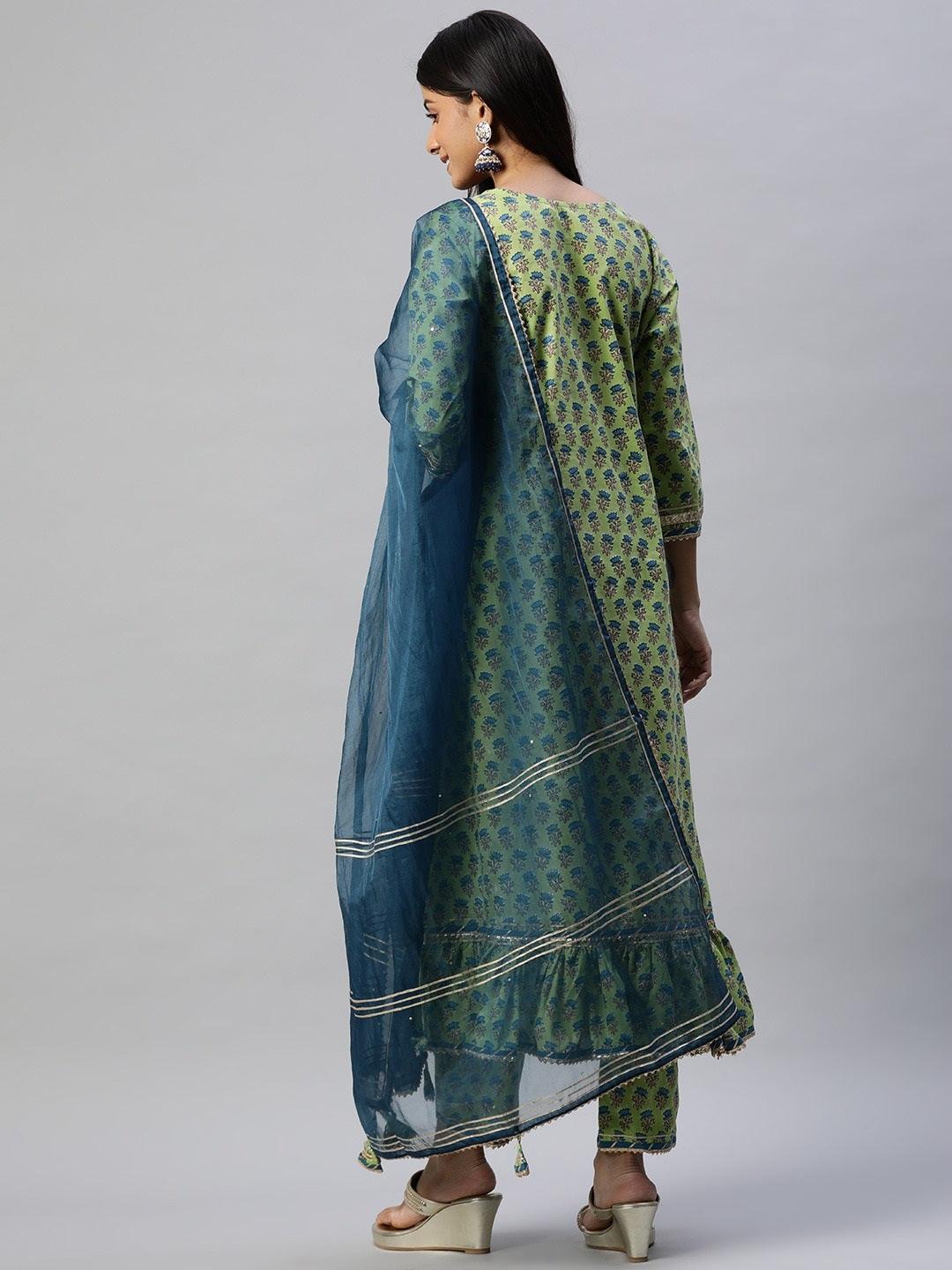 Green Cotton Hand Block Printed Kurta Pant Set With Dupatta | LASVINI - Redefining Indian Fashion with Elegance