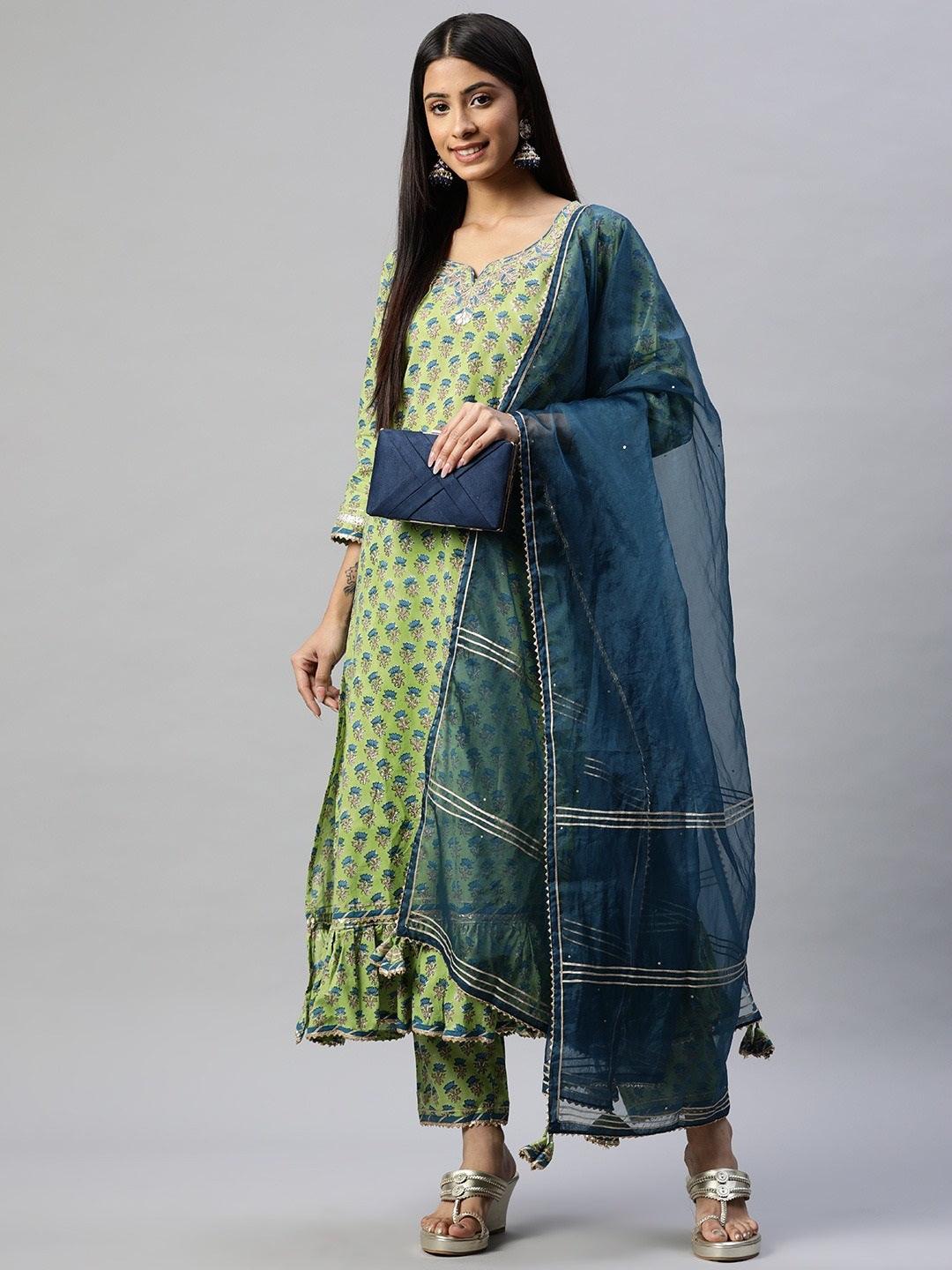 Green Cotton Hand Block Printed Kurta Pant Set With Dupatta | LASVINI - Redefining Indian Fashion with Elegance