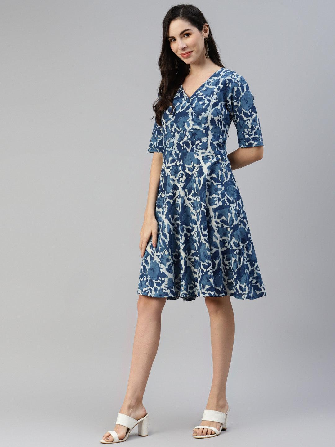 Indigo Hand Block Printed Short Dress | LASVINI - Redefining Indian Fashion with Elegance