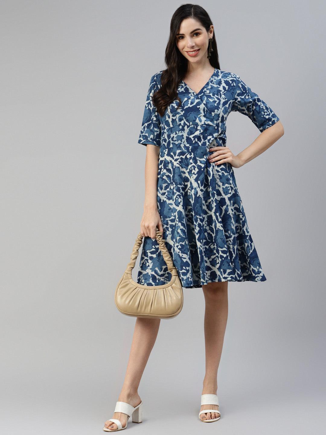 Indigo Hand Block Printed Short Dress | LASVINI - Redefining Indian Fashion with Elegance