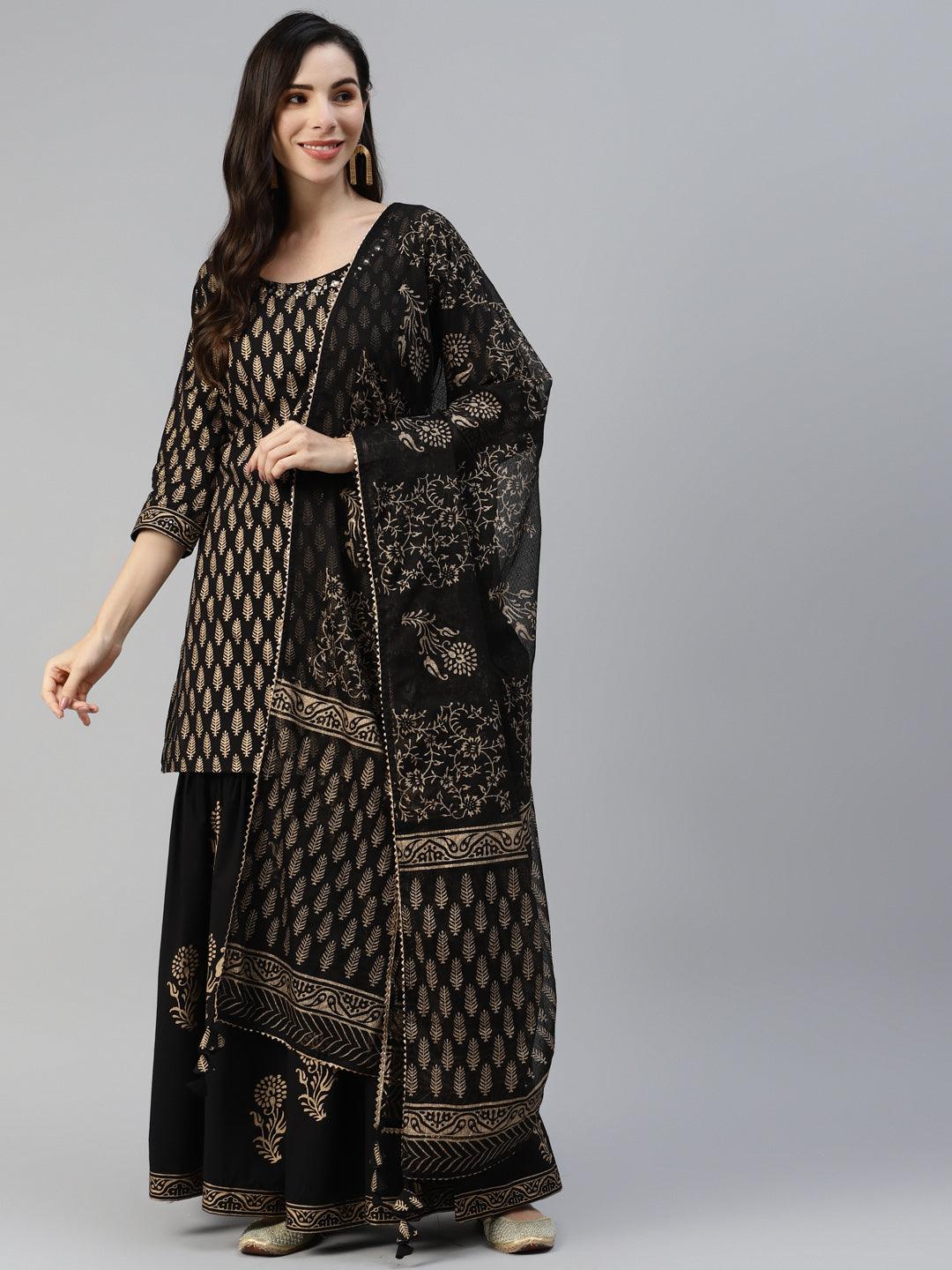 Black Gold Printed Cotton Kurta Sharara Set With Dupatta | LASVINI - Redefining Indian Fashion with Elegance