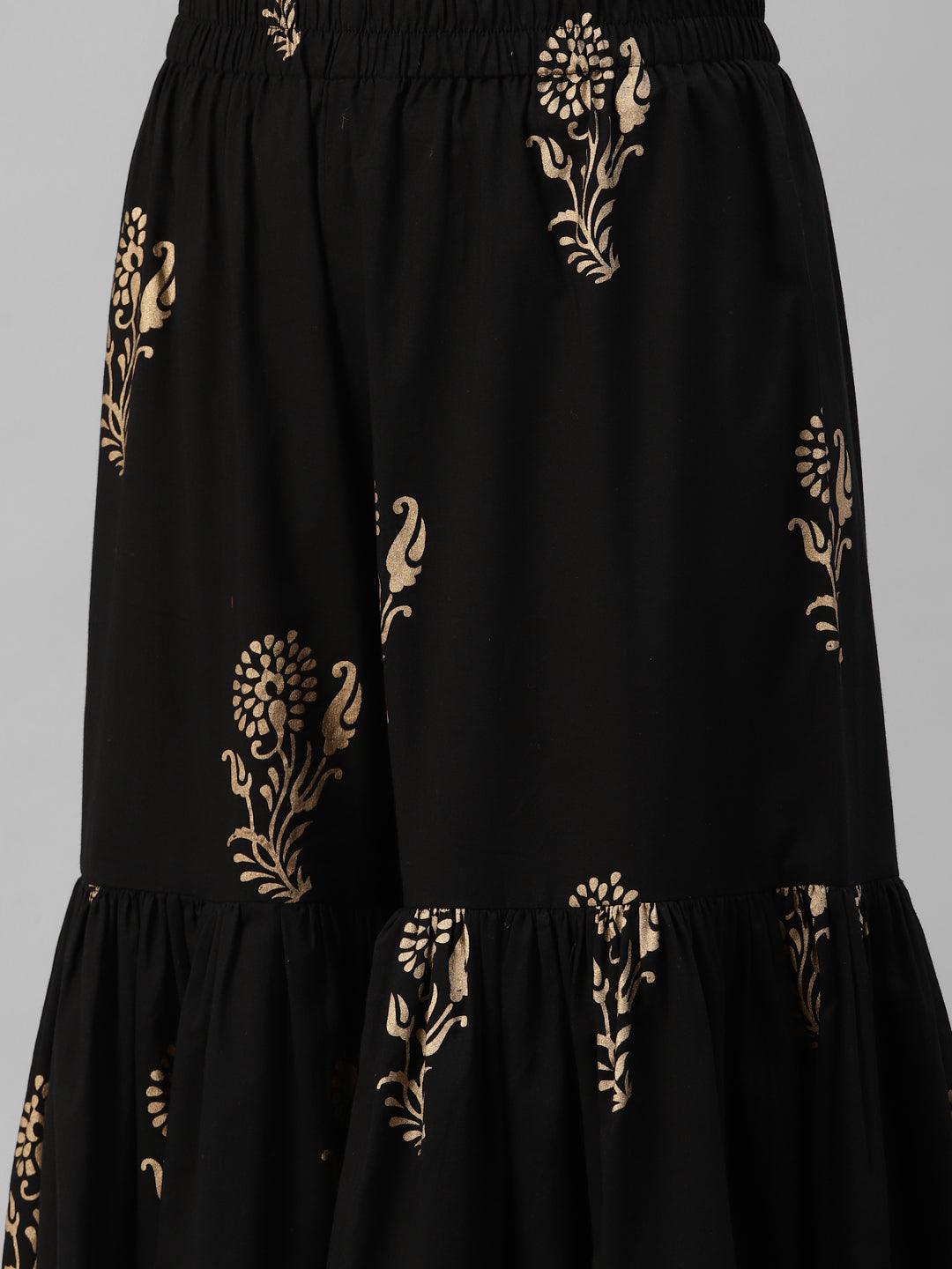 Black Gold Printed Cotton Kurta Sharara Set With Dupatta | LASVINI - Redefining Indian Fashion with Elegance