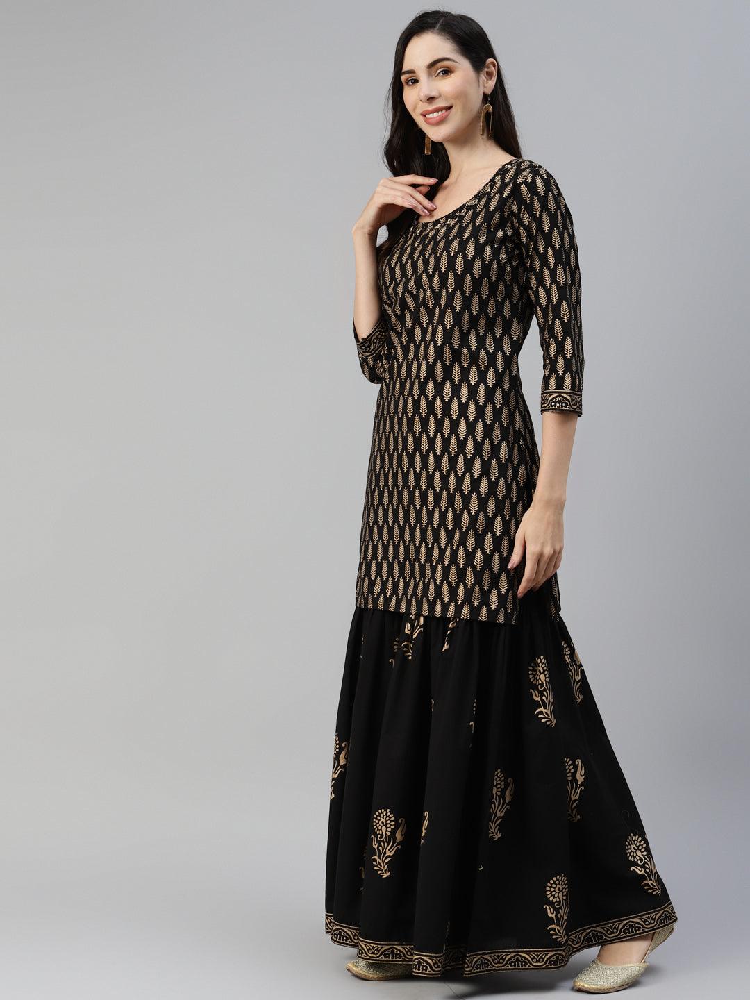 Black Gold Printed Cotton Kurta Sharara Set With Dupatta | LASVINI - Redefining Indian Fashion with Elegance