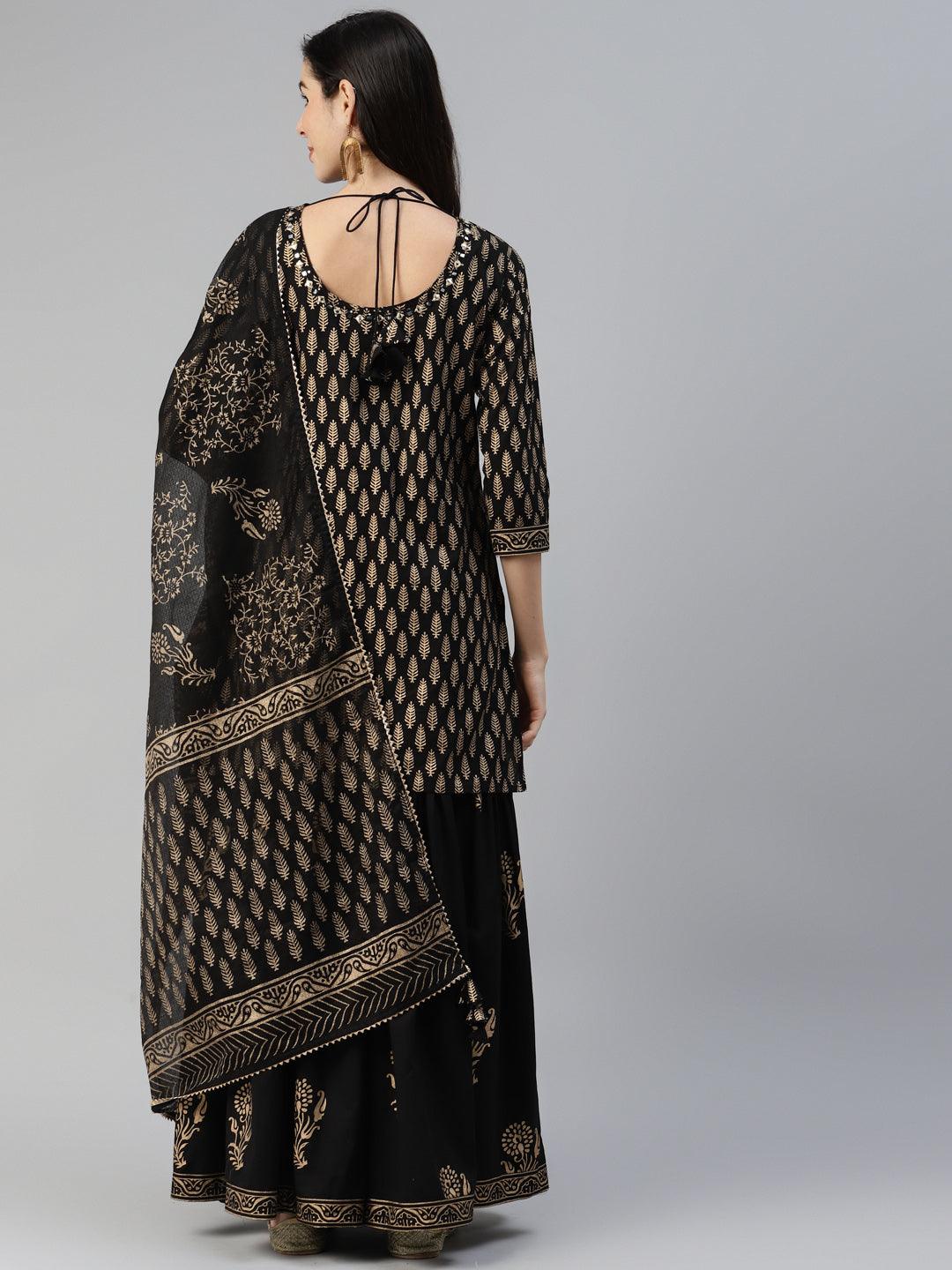 Black Gold Printed Cotton Kurta Sharara Set With Dupatta | LASVINI - Redefining Indian Fashion with Elegance