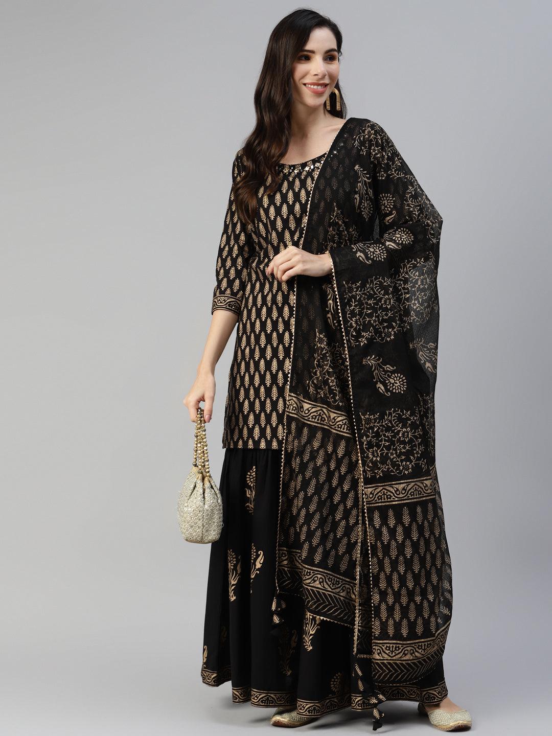 Black Gold Printed Cotton Kurta Sharara Set With Dupatta | LASVINI - Redefining Indian Fashion with Elegance