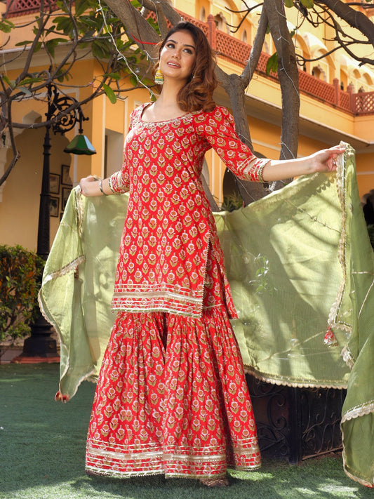 Women Red Cotton Dabu Printed Kurta Sharara Set With Kota Doria Dupatta | LASVINI - Redefining Indian Fashion with Elegance
