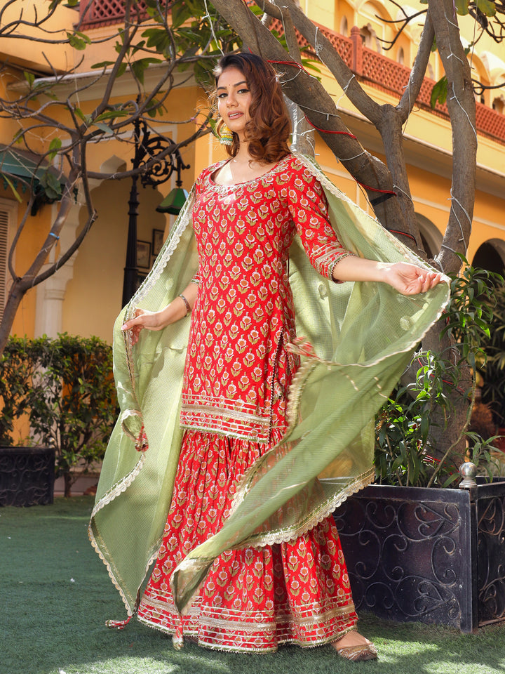 Women Red Cotton Dabu Printed Kurta Sharara Set With Kota Doria Dupatta | LASVINI - Redefining Indian Fashion with Elegance