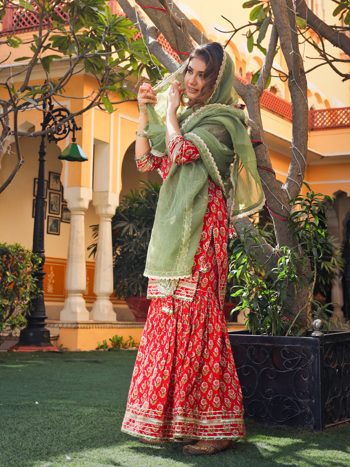 Women Red Cotton Dabu Printed Kurta Sharara Set With Kota Doria Dupatta | LASVINI - Redefining Indian Fashion with Elegance