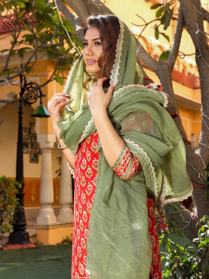 Women Red Cotton Dabu Printed Kurta Sharara Set With Kota Doria Dupatta | LASVINI - Redefining Indian Fashion with Elegance