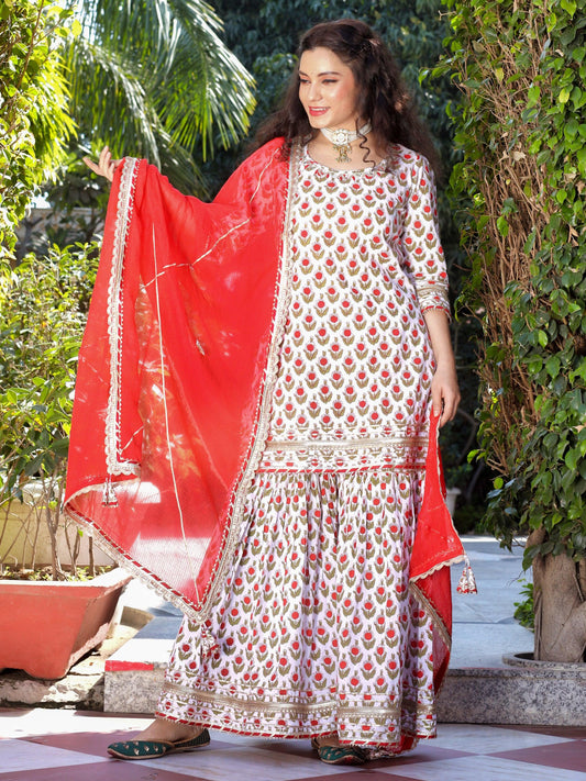 Red & White Cotton Dabu Printed Kurta Sharara Set With Kota Doria Dupatta | LASVINI - Redefining Indian Fashion with Elegance