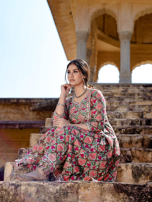 Green Floral Printed Anarkali Kurta Pant Sets | LASVINI - Redefining Indian Fashion with Elegance