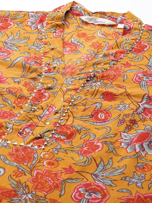 Mustard Cotton Floral Printed Kurta Pant Set | LASVINI - Redefining Indian Fashion with Elegance