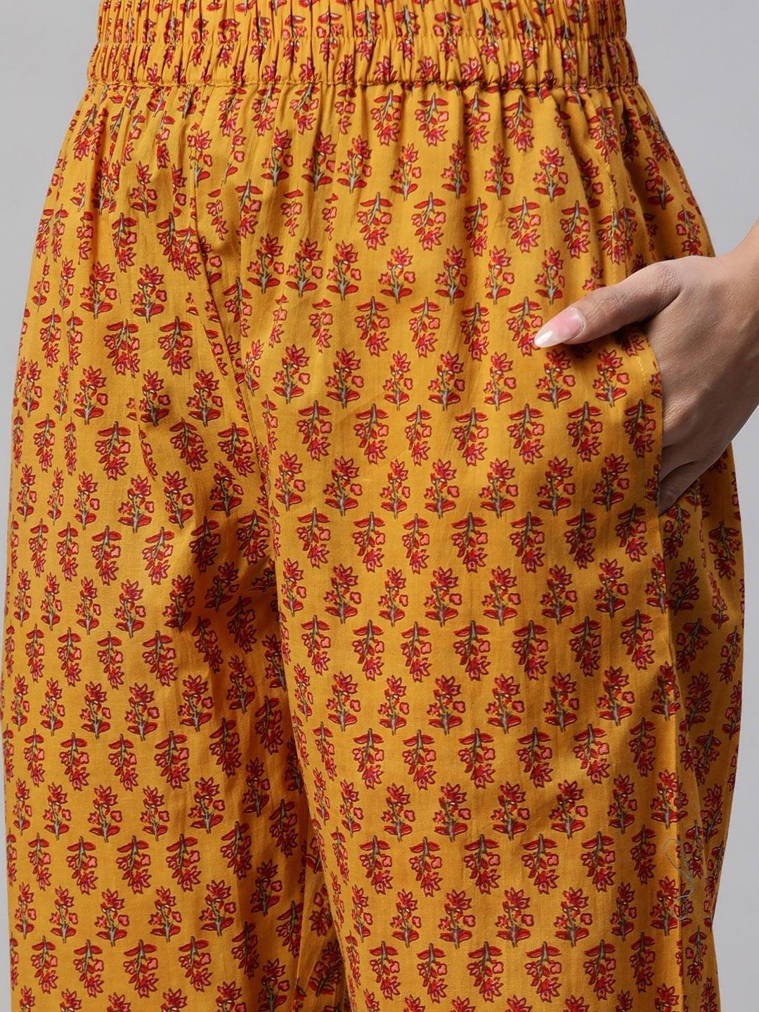 Mustard Cotton Floral Printed Kurta Pant Set | LASVINI - Redefining Indian Fashion with Elegance