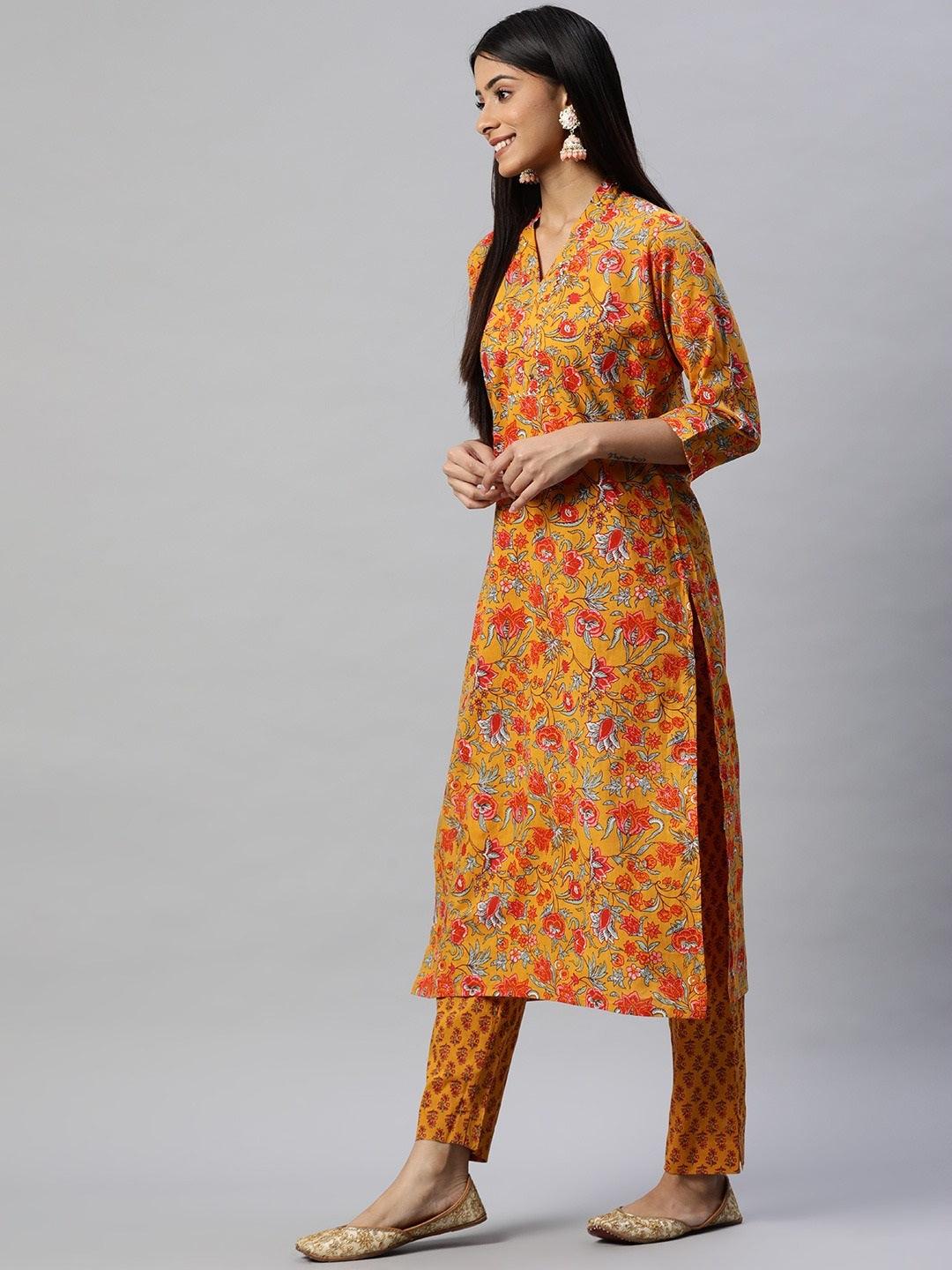 Mustard Cotton Floral Printed Kurta Pant Set | LASVINI - Redefining Indian Fashion with Elegance