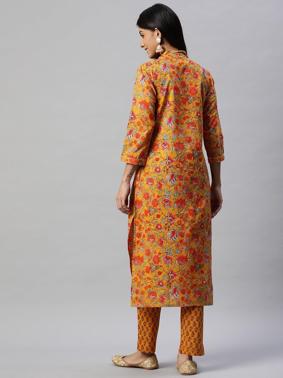 Mustard Cotton Floral Printed Kurta Pant Set | LASVINI - Redefining Indian Fashion with Elegance