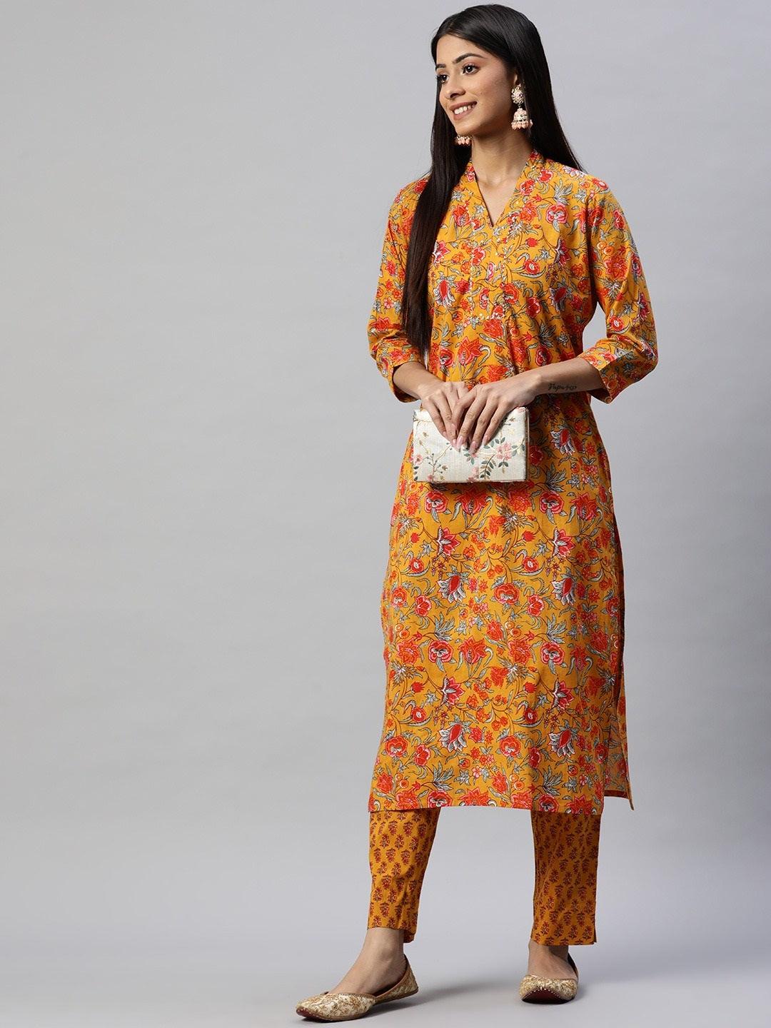 Mustard Cotton Floral Printed Kurta Pant Set | LASVINI - Redefining Indian Fashion with Elegance